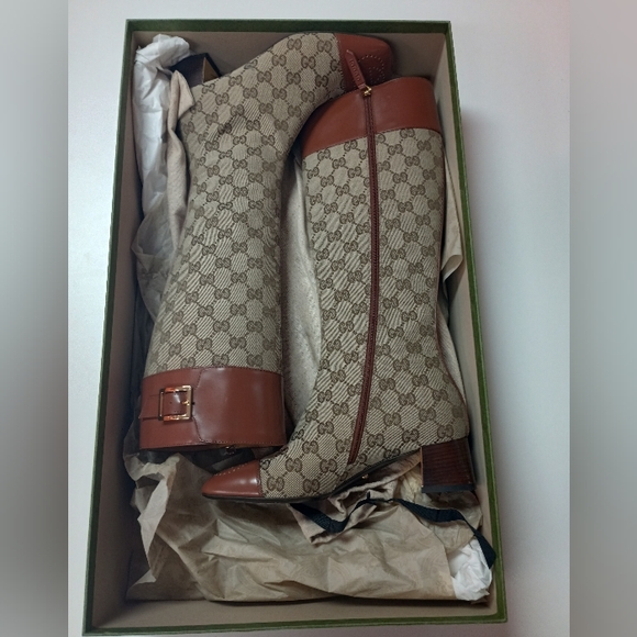 GUCCI Monogram Cordovan Lux GG Knee High Boots 36 Beige Cuir - Picture 8 of 12